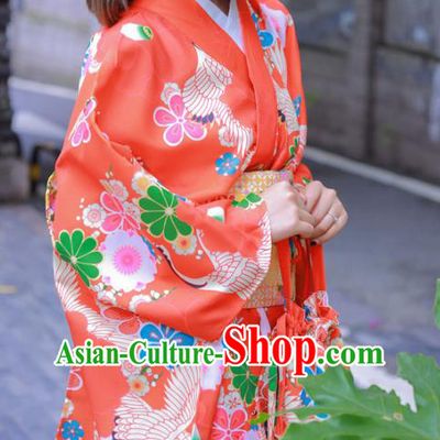 Japanese Traditional Wedding Printing Sakura Red Yukata Dress Asian Japan Bride Furisode Kimono Costume