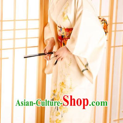 Japanese Traditional Printing Sakura Beige Yukata Dress Asian Japan Edo Komon Kimono Costume
