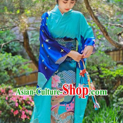 Asian Japan Wedding Bride Furisode Kimono Costume Japanese Traditional Summer Festival Blue Yukata Dress