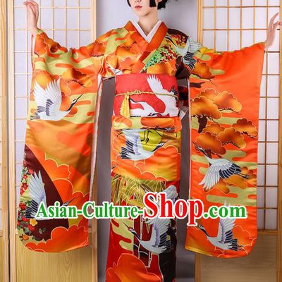 Asian Japan Court Bride Furisode Kimono Costume Japanese Traditional Wedding Printing Crane Red Satin Yukata Dress Apparels