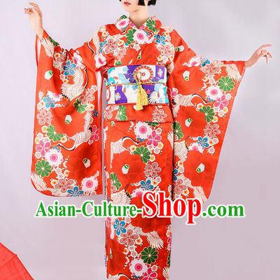 Japanese Traditional Printing Camellia Yukata Dress Asian Japan Wedding Bride Red Furisode Kimono Costume