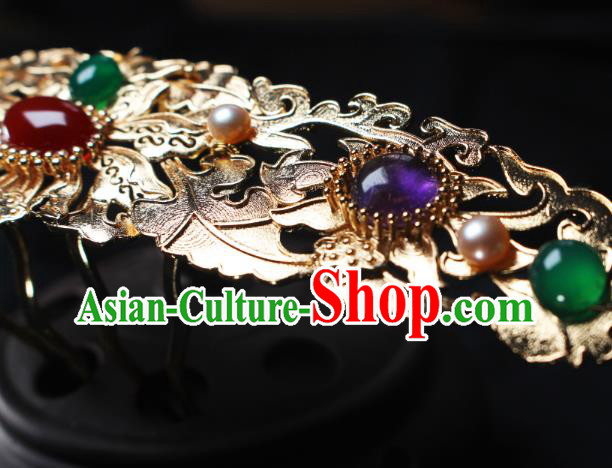China Ancient Empress Golden Hairpin Headwear Traditional Ming Dynasty Queen Agate Gems Hair Crown China Ancient Empress Golden Hairpin Headwear Traditional Ming Dynasty Queen Agate Gems Hair Crown