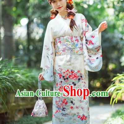 Japanese Traditional Costumes Asian Japan Printing White Tsukesage Kimono