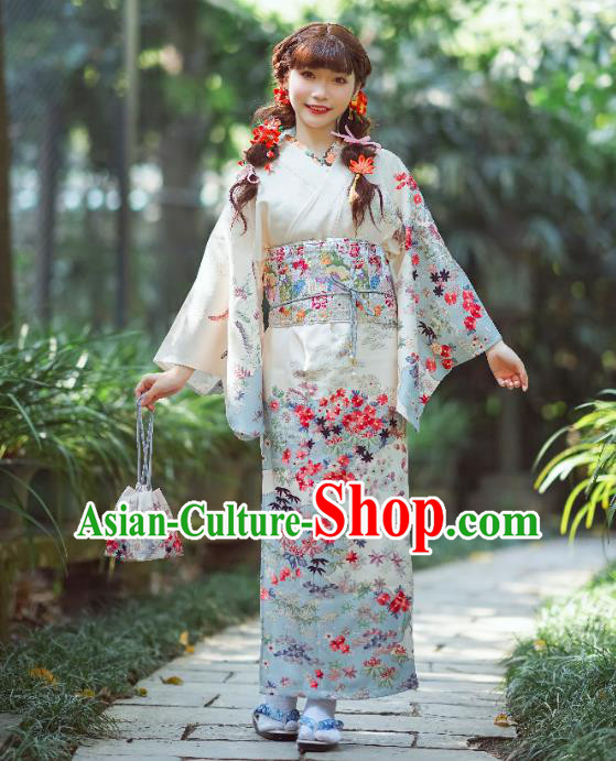 Japanese Traditional Costumes Asian Japan Printing White Tsukesage Kimono