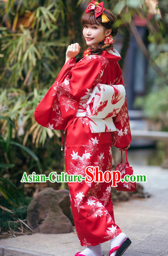 Asian Japan Young Lady Printing Maple Leaf Red Homongi Kimono Japanese Traditional Costumes