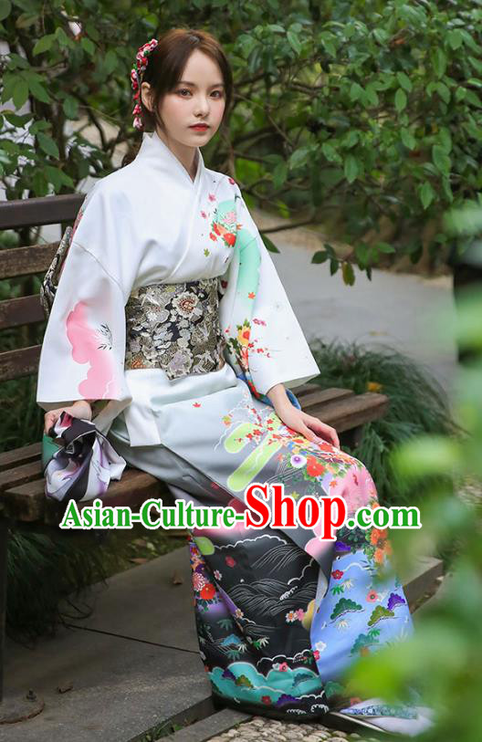 Asian Japan Printing Chrysanthemum Homongi Kimono Japanese Traditional Yukata Dress Costume