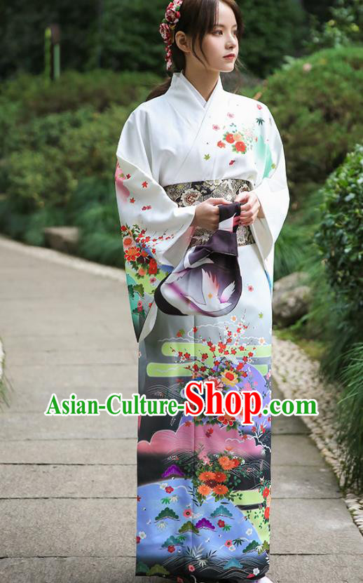 Asian Japan Printing Chrysanthemum Homongi Kimono Japanese Traditional Yukata Dress Costume