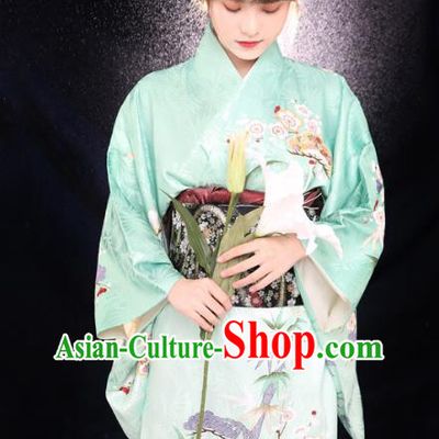 Asian Japan Light Green Tomesode Kimono Costume Japanese Traditional Young Lady Printing Plum Bamboo Yukata Dress