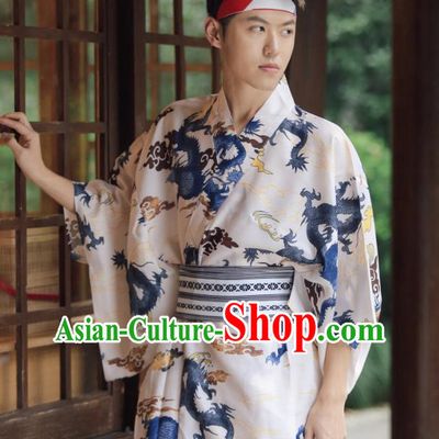 Japanese Cosplay Warrior Samurai Clothing Asian Japan Traditional Printing Dragon White Yukata