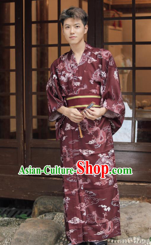 Open Samurai Robe Asian Japan Traditional Printing Dragon Wine Red Yukata Robe Japanese ...