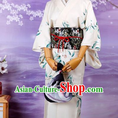 Asian Japan Edo Komon Kimono Costume Japanese Traditional Young Lady Printing Pear Blossom White Yukata Dress