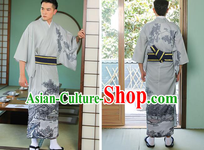 Asian Japan Traditional Printing Grey Yukata Robe Japanese Cosplay Samurai Clothing for Men Asian Japan Traditional Printing Grey Yukata Robe Japanese Cosplay Samurai Clothing for Men