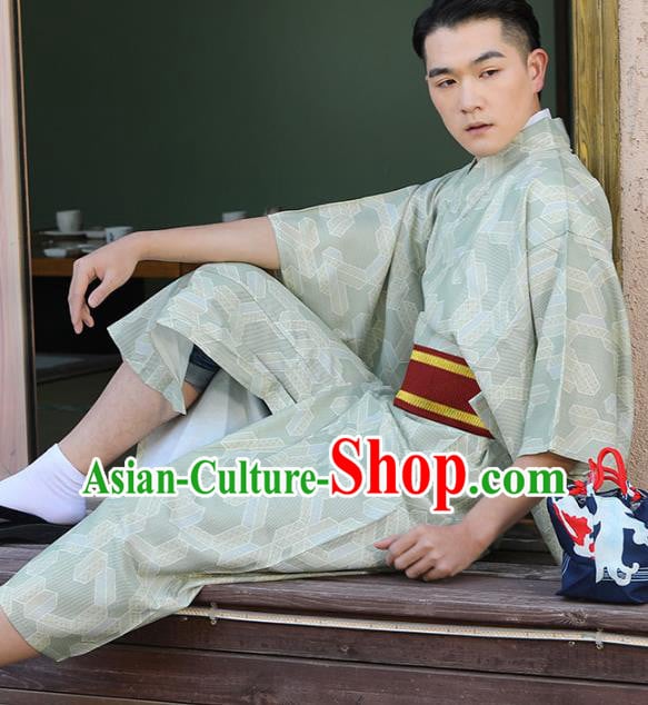 Japanese Male Clothing Asian Japan Traditional Printing Light Green Yukata Robe Japanese Male Clothing Asian Japan Traditional Printing Light Green Yukata Robe