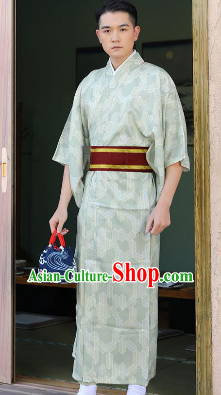 Japanese Male Clothing Asian Japan Traditional Printing Light Green Yukata Robe Japanese Male Clothing Asian Japan Traditional Printing Light Green Yukata Robe