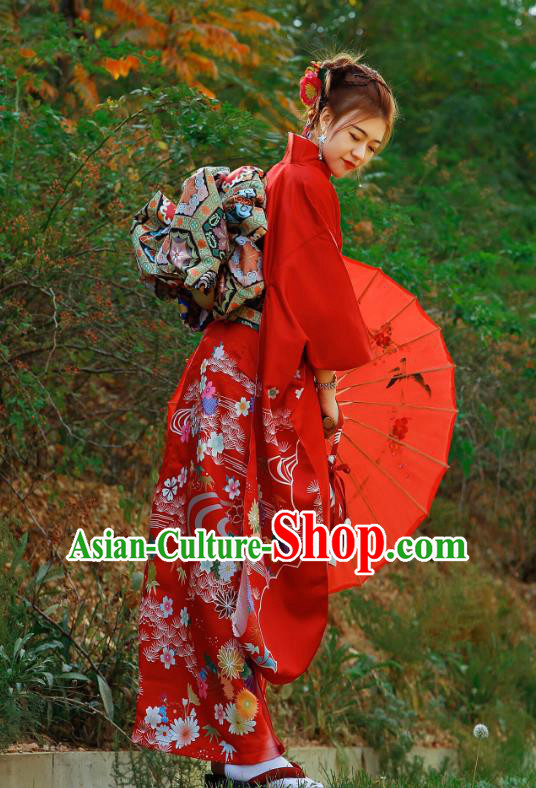 Asian Japan Bride Furisode Kimono Costume Japanese Traditional Wedding Printing Chrysanthemum Red Yukata Dress Asian Japan Bride Furisode Kimono Costume Japanese Traditional Wedding Printing Chrysanthemum Red Yukata Dress