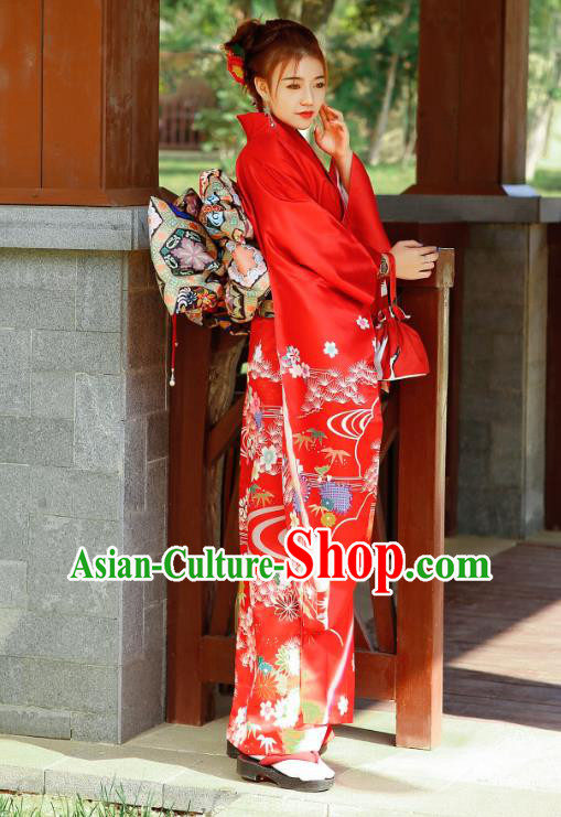 Asian Japan Bride Furisode Kimono Costume Japanese Traditional Wedding Printing Chrysanthemum Red Yukata Dress Asian Japan Bride Furisode Kimono Costume Japanese Traditional Wedding Printing Chrysanthemum Red Yukata Dress