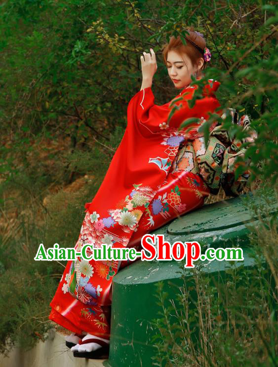 Asian Japan Bride Furisode Kimono Costume Japanese Traditional Wedding Printing Chrysanthemum Red Yukata Dress Asian Japan Bride Furisode Kimono Costume Japanese Traditional Wedding Printing Chrysanthemum Red Yukata Dress