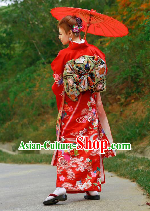 Asian Japan Bride Furisode Kimono Costume Japanese Traditional Wedding Printing Chrysanthemum Red Yukata Dress Asian Japan Bride Furisode Kimono Costume Japanese Traditional Wedding Printing Chrysanthemum Red Yukata Dress