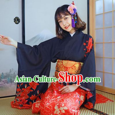 Asian Japan Stage Performance Furisode Kimono Costume Japanese Traditional Young Woman Yukata Dress