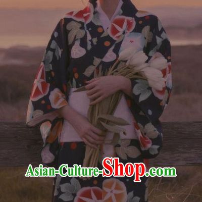 Asian Japan Young Lady Kimono Fashion Japanese Traditional Printing Petunia Navy Yukata Dress