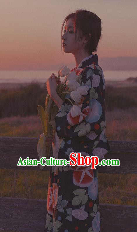 Asian Japan Young Lady Kimono Fashion Japanese Traditional Printing Petunia Navy Yukata Dress Asian Japan Young Lady Kimono Fashion Japanese Traditional Printing Petunia Navy Yukata Dress