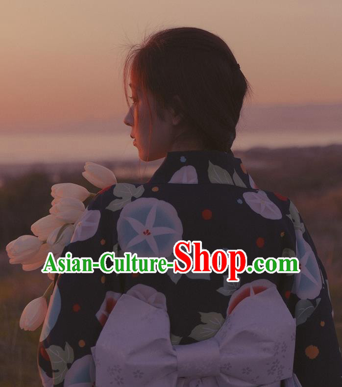 Asian Japan Young Lady Kimono Fashion Japanese Traditional Printing Petunia Navy Yukata Dress Asian Japan Young Lady Kimono Fashion Japanese Traditional Printing Petunia Navy Yukata Dress