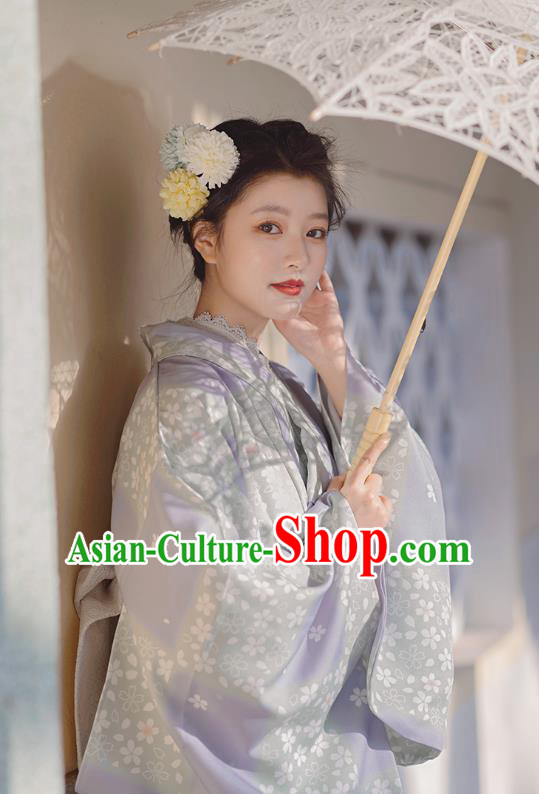 Japanese Traditional Young Lady Yukata Dress Asian Japan Printing Sakura Lilac Kimono Fashion Japanese Traditional Young Lady Yukata Dress Asian Japan Printing Sakura Lilac Kimono Fashion