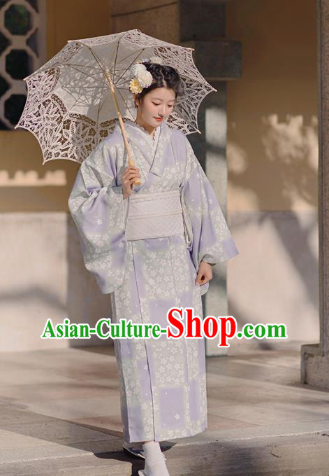 Japanese Traditional Young Lady Yukata Dress Asian Japan Printing Sakura Lilac Kimono Fashion Japanese Traditional Young Lady Yukata Dress Asian Japan Printing Sakura Lilac Kimono Fashion