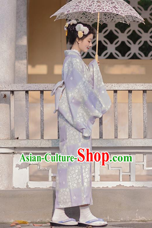 Japanese Traditional Young Lady Yukata Dress Asian Japan Printing Sakura Lilac Kimono Fashion Japanese Traditional Young Lady Yukata Dress Asian Japan Printing Sakura Lilac Kimono Fashion