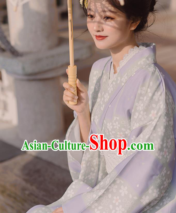 Japanese Traditional Young Lady Yukata Dress Asian Japan Printing Sakura Lilac Kimono Fashion Japanese Traditional Young Lady Yukata Dress Asian Japan Printing Sakura Lilac Kimono Fashion