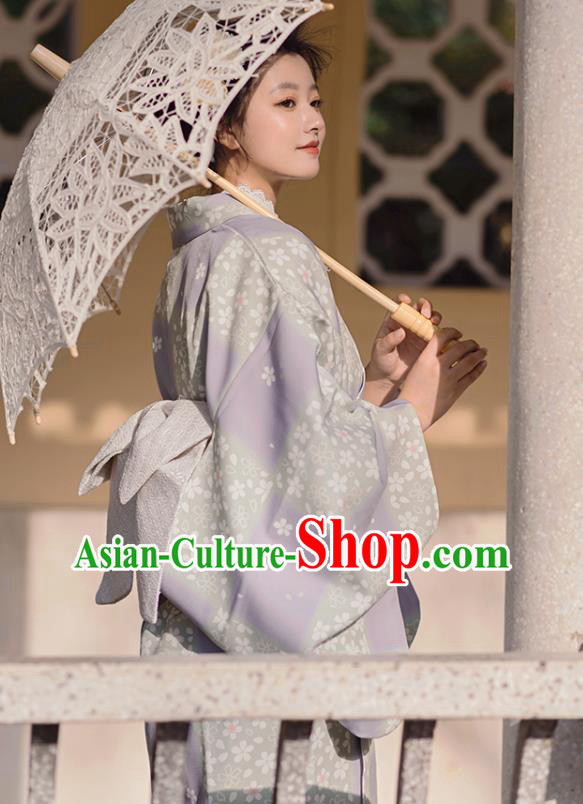 Japanese Traditional Young Lady Yukata Dress Asian Japan Printing Sakura Lilac Kimono Fashion Japanese Traditional Young Lady Yukata Dress Asian Japan Printing Sakura Lilac Kimono Fashion