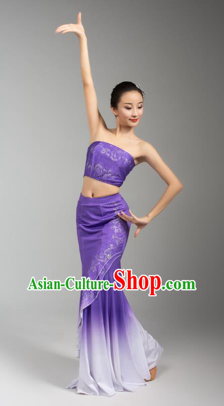 China Traditional Dai Nationality Woman Clothing Yunnan Ethnic Peacock Dance Purple Dress Outfits China Traditional Dai Nationality Woman Clothing Yunnan Ethnic Peacock Dance Purple Dress Outfits