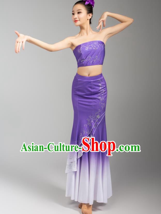 China Traditional Dai Nationality Woman Clothing Yunnan Ethnic Peacock Dance Purple Dress Outfits China Traditional Dai Nationality Woman Clothing Yunnan Ethnic Peacock Dance Purple Dress Outfits