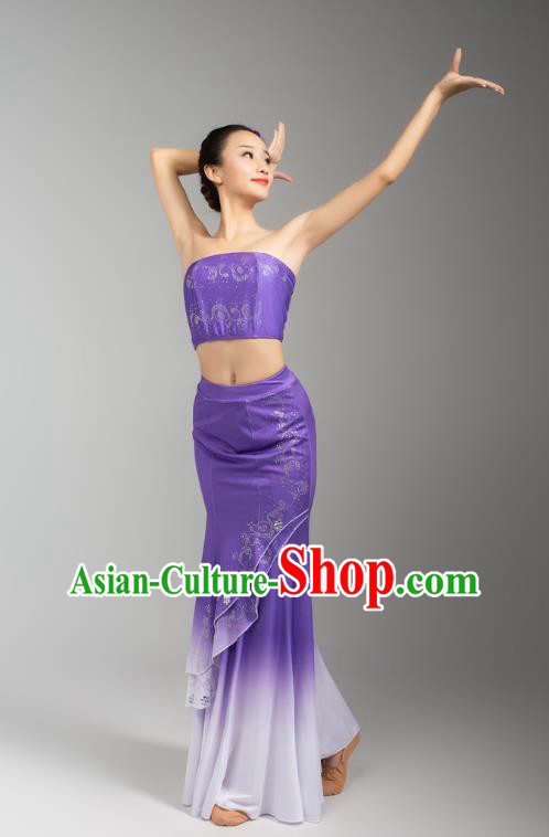 China Traditional Dai Nationality Woman Clothing Yunnan Ethnic Peacock Dance Purple Dress Outfits China Traditional Dai Nationality Woman Clothing Yunnan Ethnic Peacock Dance Purple Dress Outfits