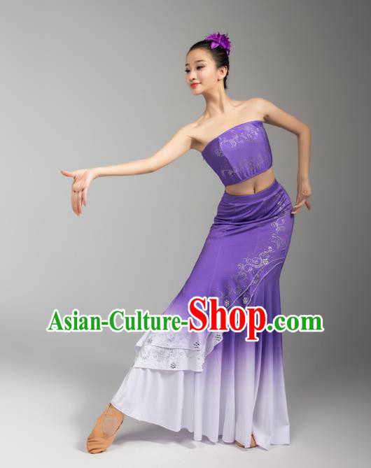China Traditional Dai Nationality Woman Clothing Yunnan Ethnic Peacock Dance Purple Dress Outfits China Traditional Dai Nationality Woman Clothing Yunnan Ethnic Peacock Dance Purple Dress Outfits