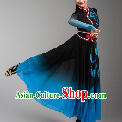 China Traditional Mongol Nationality Woman Clothing Mongolian Ethnic Goose Dance Blue Black Dress Outfits