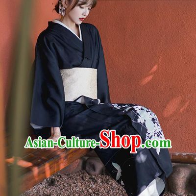Japanese Traditional Printing Butterfly Black Yukata Clothing Asian Japan Young Lady Uchikake Kimono Dress