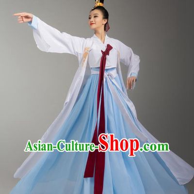 China Korean Ethnic Stage Performance Blue Dress Outfits Traditional Korean Nationality Folk Dance Clothing and Headdress
