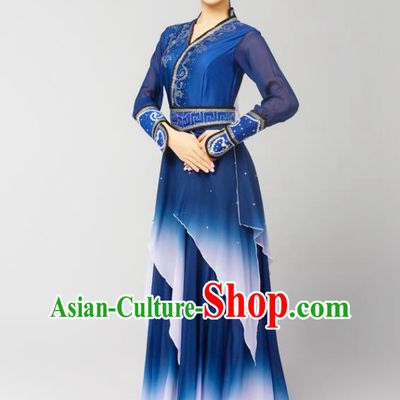 China Traditional Mongol Nationality Folk Dance Clothing Mongolian Ethnic Stage Performance Navy Dress Outfits and Headpiece