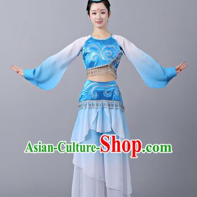 Chinese Traditional Classical Dance Performance Costumes Court Dance Blue Hanfu Dress and Headdress