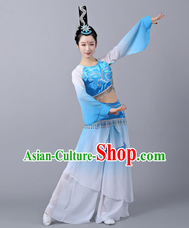 Chinese Traditional Classical Dance Performance Costumes Court Dance Blue Hanfu Dress and Headdress Chinese Traditional Classical Dance Performance Costumes Court Dance Blue Hanfu Dress and Headdress