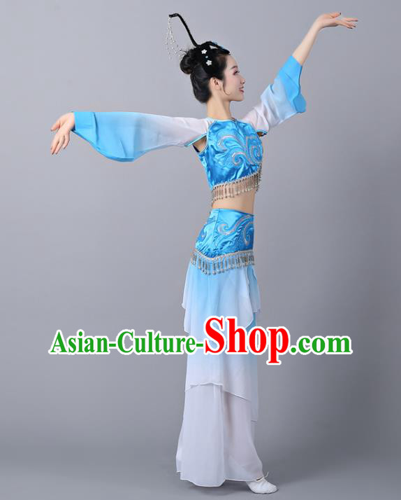 Chinese Traditional Classical Dance Performance Costumes Court Dance Blue Hanfu Dress and Headdress Chinese Traditional Classical Dance Performance Costumes Court Dance Blue Hanfu Dress and Headdress