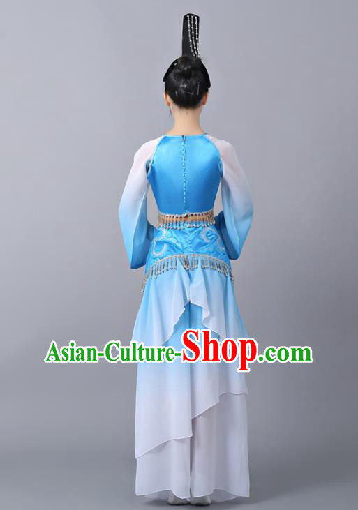 Chinese Traditional Classical Dance Performance Costumes Court Dance Blue Hanfu Dress and Headdress Chinese Traditional Classical Dance Performance Costumes Court Dance Blue Hanfu Dress and Headdress