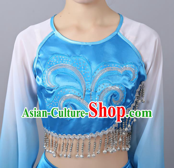 Chinese Traditional Classical Dance Performance Costumes Court Dance Blue Hanfu Dress and Headdress Chinese Traditional Classical Dance Performance Costumes Court Dance Blue Hanfu Dress and Headdress