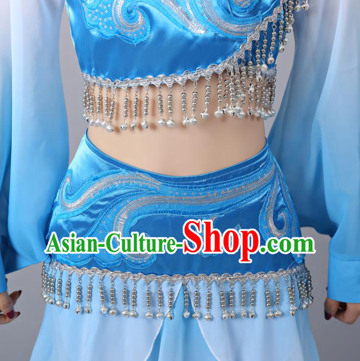 Chinese Traditional Classical Dance Performance Costumes Court Dance Blue Hanfu Dress and Headdress Chinese Traditional Classical Dance Performance Costumes Court Dance Blue Hanfu Dress and Headdress