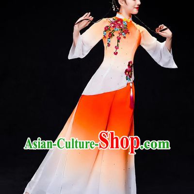 China Folk Dance Performance Orange Uniforms Fan Dance Yangko Dance Clothing