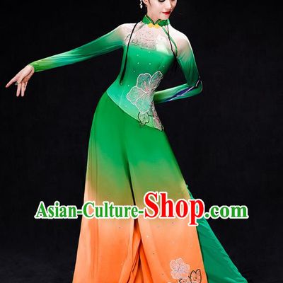 Chinese Umbrella Dance Clothing Traditional Classical Dance Performance Costumes Fan Dance Green Outfits