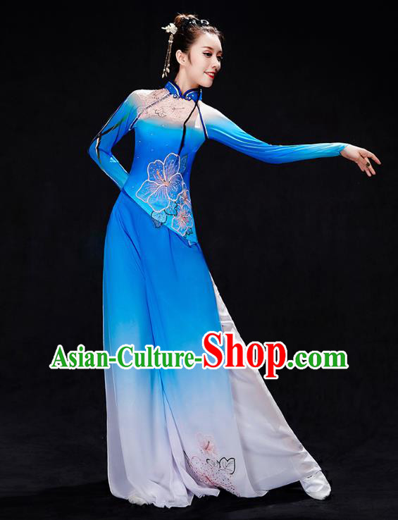 Chinese Fan Dance Blue Outfits Umbrella Dance Clothing Traditional Classical Dance Performance Costumes Chinese Fan Dance Blue Outfits Umbrella Dance Clothing Traditional Classical Dance Performance Costumes