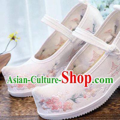 China Embroidered Plum Blossom Shoes National White Cloth Shoes Traditional Wedge Shoes