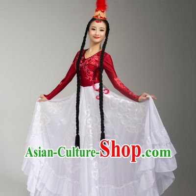 China Xinjiang Ethnic Folk Dance White Dress Outfits Traditional Uygur Nationality Performance Clothing and Headwear